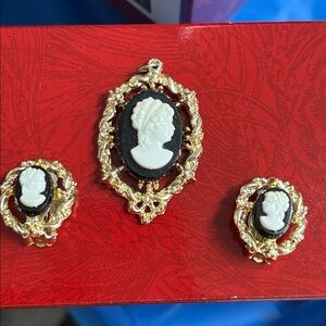 Gold and Black Cameo Brooch and Earrings Set